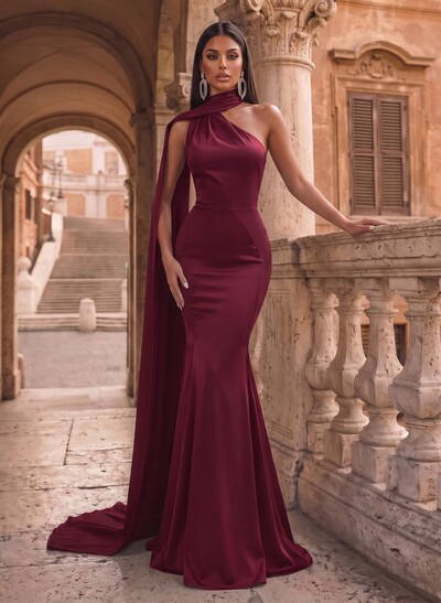 Trumpet/Mermaid Halter Sleeveless Sweep Train Silk Like Satin Evening Dresses