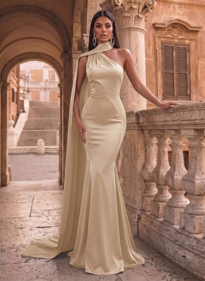Trumpet/Mermaid Halter Sleeveless Sweep Train Silk Like Satin Evening Dresses