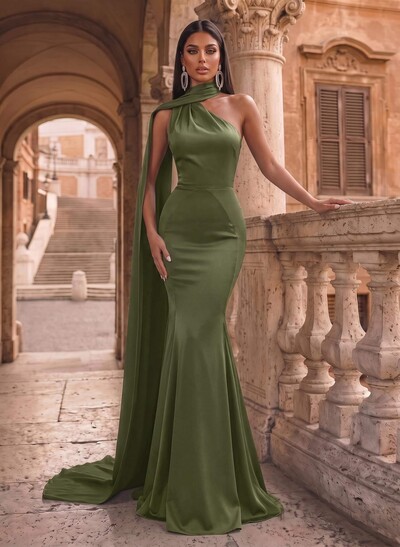 Trumpet/Mermaid Halter Sleeveless Sweep Train Silk Like Satin Evening Dresses