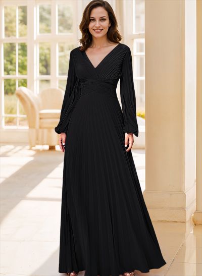 A-Line V-Neck Long Sleeves Floor-Length Chiffon Evening Dresses