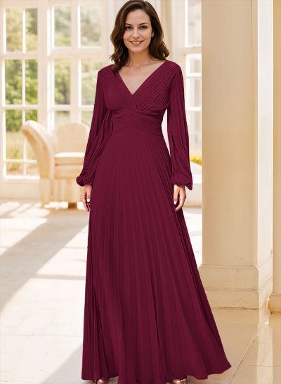 A-Line V-Neck Long Sleeves Floor-Length Chiffon Evening Dresses