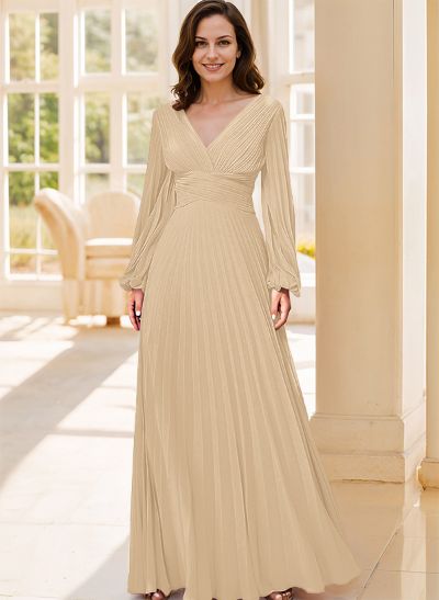 A-Line V-Neck Long Sleeves Floor-Length Chiffon Evening Dresses