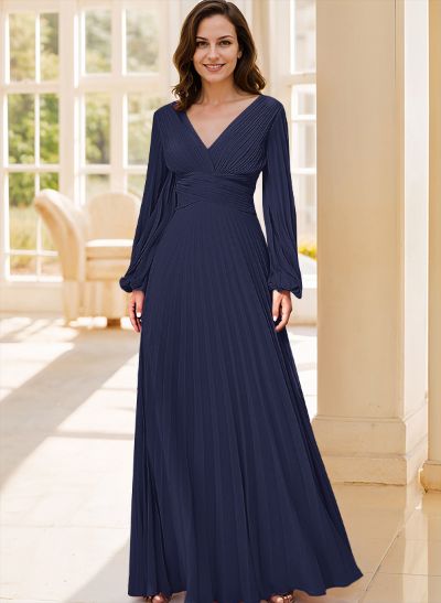 A-Line V-Neck Long Sleeves Floor-Length Chiffon Evening Dresses