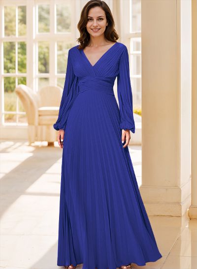 A-Line V-Neck Long Sleeves Floor-Length Chiffon Evening Dresses