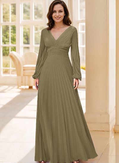 A-Line V-Neck Long Sleeves Floor-Length Chiffon Evening Dresses