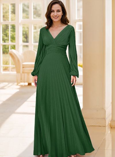 A-Line V-Neck Long Sleeves Floor-Length Chiffon Evening Dresses