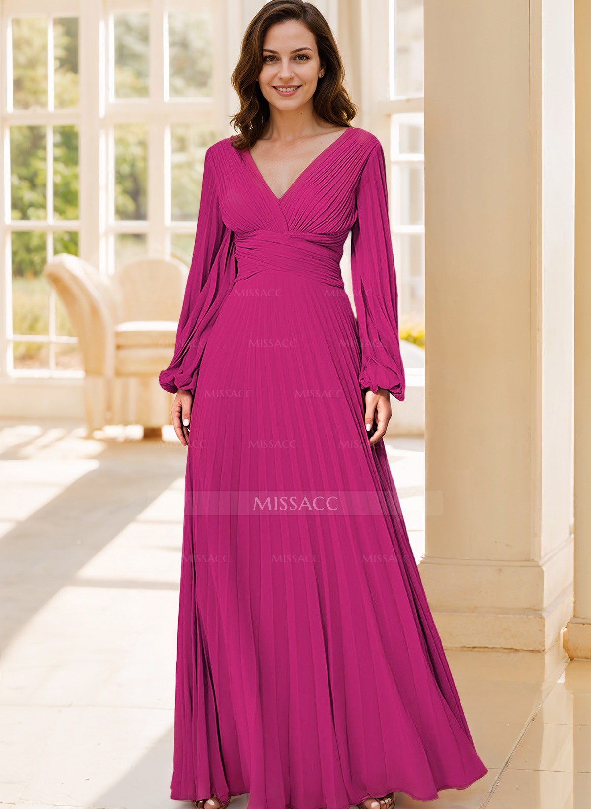 A-Line V-Neck Long Sleeves Floor-Length Chiffon Evening Dresses