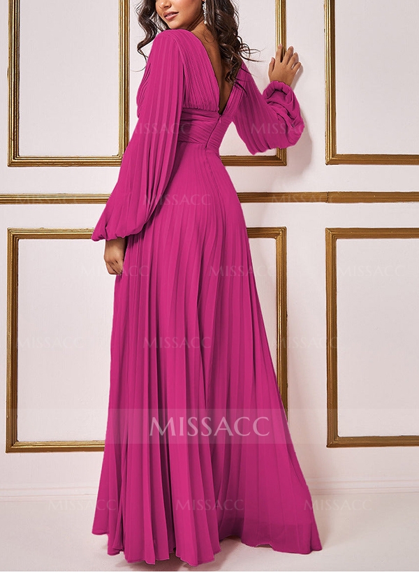 A-Line V-Neck Long Sleeves Floor-Length Chiffon Evening Dresses