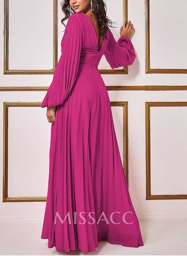 A-Line V-Neck Long Sleeves Floor-Length Chiffon Evening Dresses