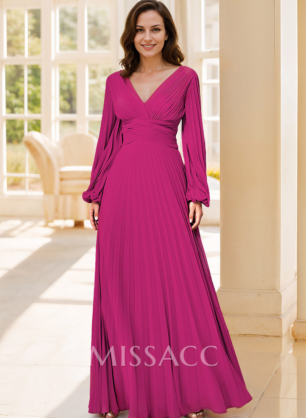 A-Line V-Neck Long Sleeves Floor-Length Chiffon Evening Dresses