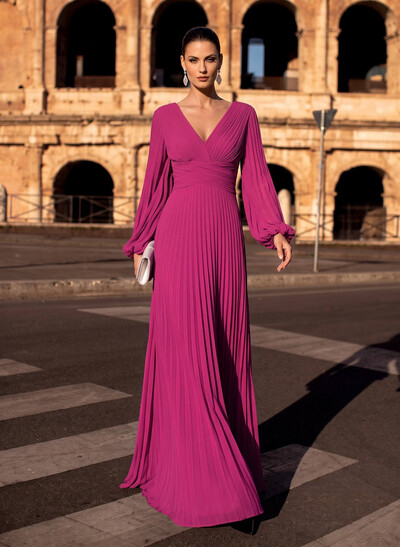 A-Line V-Neck Long Sleeve Floor-Length Chiffon Mother of the Bride Dresses