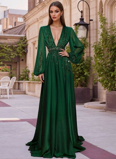 A-Line V-Neck Long Sleeves Sweep Train Evening Dresses