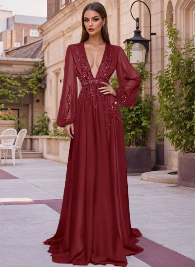 A-Line V-Neck Long Sleeves Sweep Train Evening Dresses