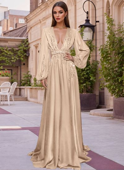 A-Line V-Neck Long Sleeves Sweep Train Evening Dresses