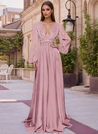 A-Line V-Neck Long Sleeves Sweep Train Evening Dresses