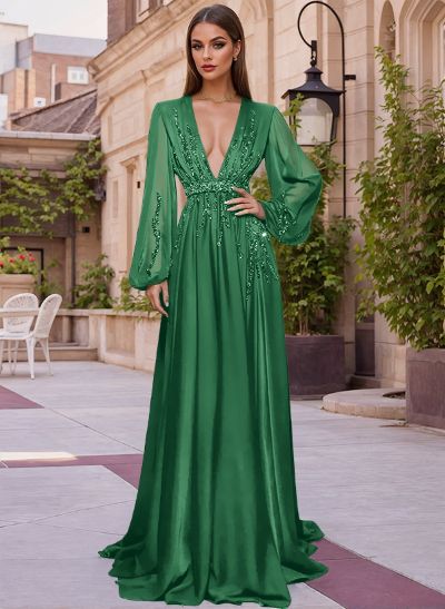 A-Line V-Neck Long Sleeves Sweep Train Evening Dresses