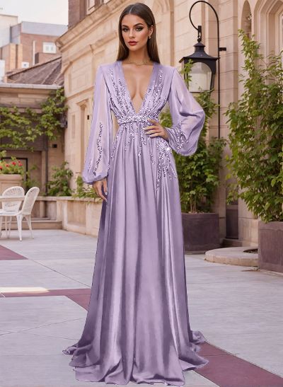 A-Line V-Neck Long Sleeves Sweep Train Evening Dresses