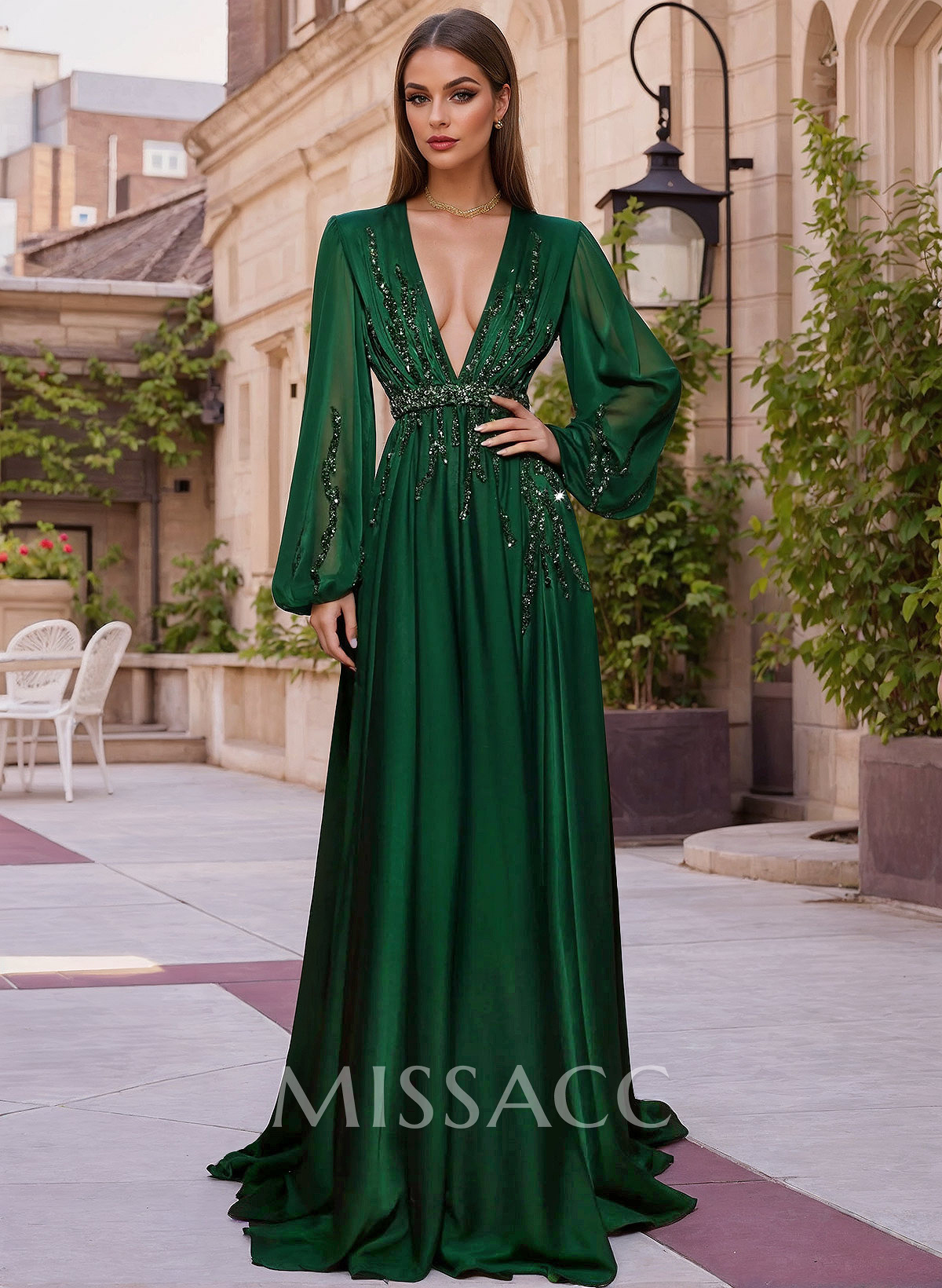 A-Line V-Neck Long Sleeves Sweep Train Evening Dresses A-Line V-Neck Long Sleeves Sweep Train Evening Dresses