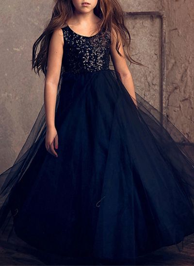 Ball-Gown Scoop Neck Sleeveless Tulle/Sequined Flower Girl Dresses With Sequins