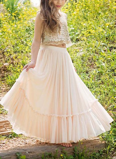 A-Line Scoop Neck Sleeveless Lace/Sequined Flower Girl Dresses With Sequins