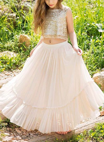 A-Line Scoop Neck Sleeveless Lace/Sequined Flower Girl Dresses With Sequins