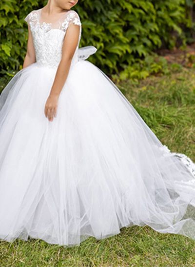 Ball-Gown Scoop Neck Short Sleeves Lace/Tulle Flower Girl Dresses With Appliques Lace