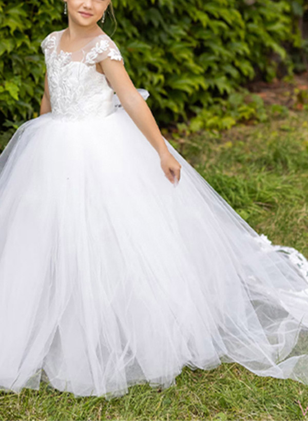Ball-Gown Scoop Neck Short Sleeves Lace/Tulle Flower Girl Dresses With Appliques Lace