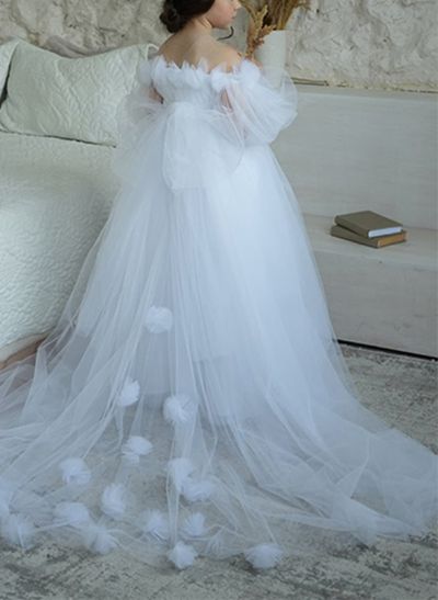 A-Line Off-The-Shoulder Long Sleeves Lace Flower Girl Dresses With Appliques Lace