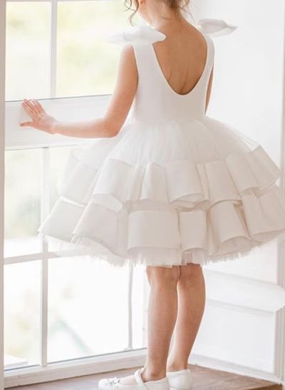 Ball-Gown Scoop Neck Sleeveless Knee-Length Satin/Tulle Flower Girl Dresses With Bow(s)
