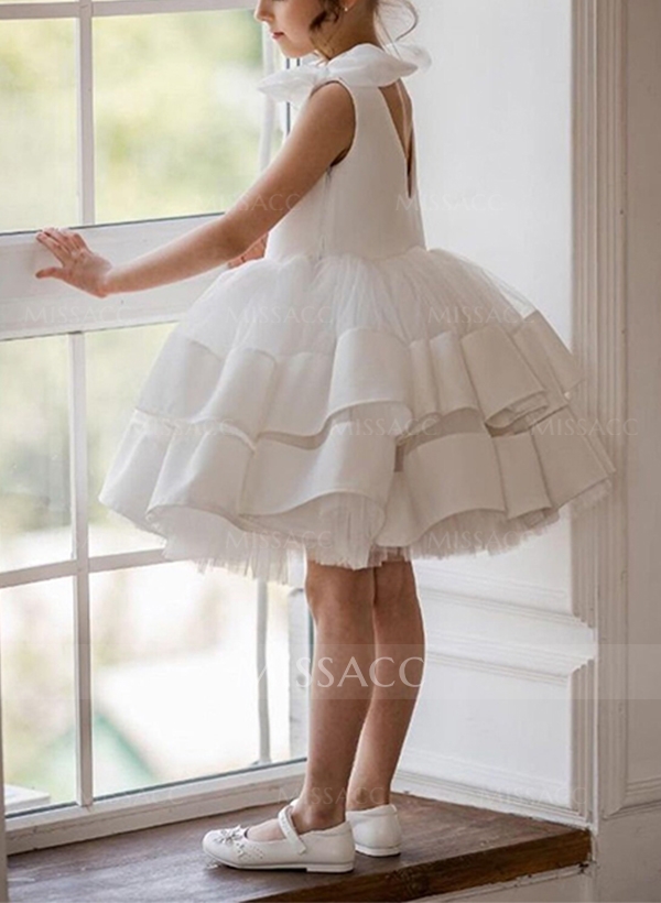 Ball-Gown Scoop Neck Sleeveless Knee-Length Satin/Tulle Flower Girl Dresses With Bow(s)