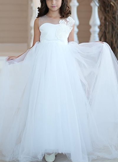 A-Line Illusion Neck Sleeveless Sweep Train Satin/Tulle Flower Girl Dresses With Bow(s)