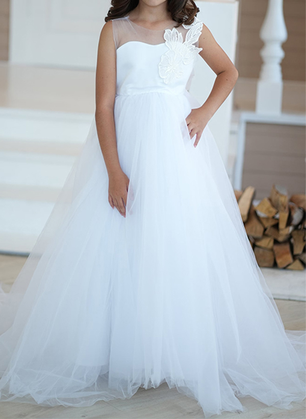 A-Line Illusion Neck Sleeveless Sweep Train Satin/Tulle Flower Girl Dresses With Bow(s)