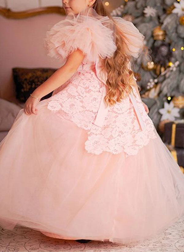 A-Line Scoop Neck Short Sleeves Floor-Length Lace/Tulle Flower Girl Dresses With Bow(s)