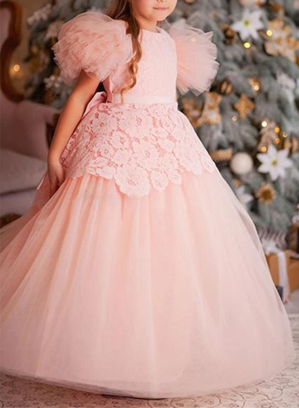 A-Line Scoop Neck Short Sleeves Floor-Length Lace/Tulle Flower Girl Dresses With Bow(s)