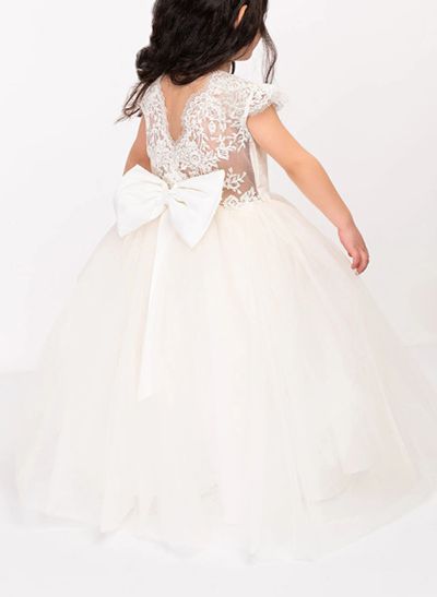 Ball-Gown Scoop Neck Sleeveless Floor-Length Lace/Tulle Flower Girl Dresses With Bow(s)