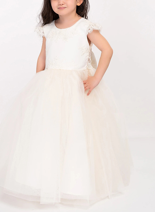 Ball-Gown Scoop Neck Sleeveless Floor-Length Lace/Tulle Flower Girl Dresses With Bow(s)