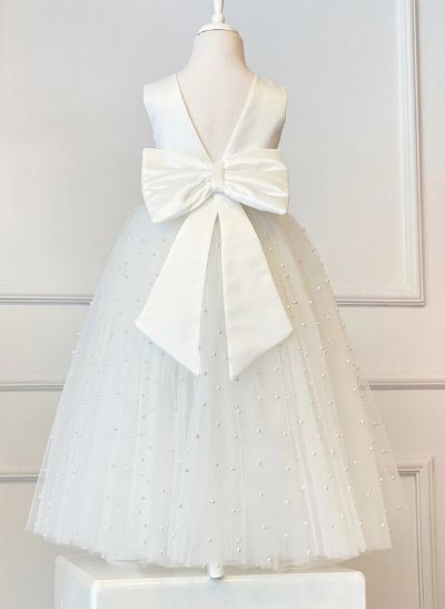 A-Line Scoop Neck Sleeveless Floor-Length Lace/Satin Flower Girl Dresses With Bow(s)