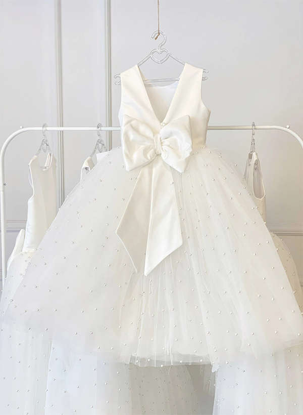 A-Line Scoop Neck Sleeveless Floor-Length Lace/Satin Flower Girl Dresses With Bow(s)
