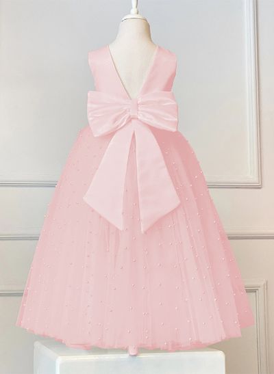 A-Line Scoop Neck Sleeveless Floor-Length Lace/Satin Flower Girl Dresses With Bow(s)