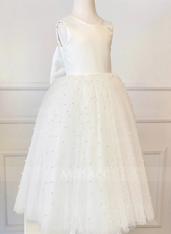 A-Line Scoop Neck Sleeveless Floor-Length Lace/Satin Flower Girl Dresses With Bow(s)