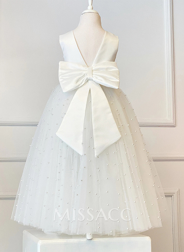 A-Line Scoop Neck Sleeveless Floor-Length Lace/Satin Flower Girl Dresses With Bow(s) A-Line Scoop Neck Sleeveless Floor-Length Lace/Satin Flower Girl Dresses With Bow(s)