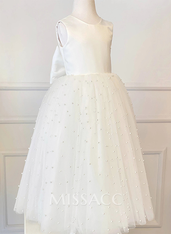 A-Line Scoop Neck Sleeveless Floor-Length Lace/Satin Flower Girl Dresses With Bow(s) A-Line Scoop Neck Sleeveless Floor-Length Lace/Satin Flower Girl Dresses With Bow(s)