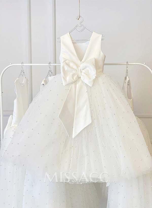 A-Line Scoop Neck Sleeveless Floor-Length Lace/Satin Flower Girl Dresses With Bow(s) A-Line Scoop Neck Sleeveless Floor-Length Lace/Satin Flower Girl Dresses With Bow(s)