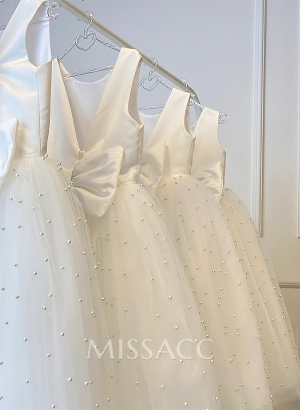 A-Line Scoop Neck Sleeveless Floor-Length Lace/Satin Flower Girl Dresses With Bow(s) A-Line Scoop Neck Sleeveless Floor-Length Lace/Satin Flower Girl Dresses With Bow(s)