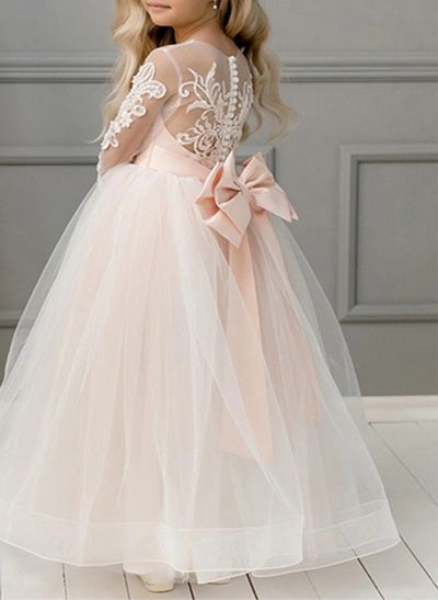 A-Line Scoop Neck Long Sleeves Lace/Tulle Flower Girl Dresses With Bow(s)