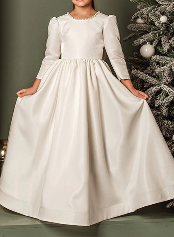 A-Line Scoop Neck 3/4 Sleeves Sweep Train Satin Flower Girl Dresses With Bow(s)