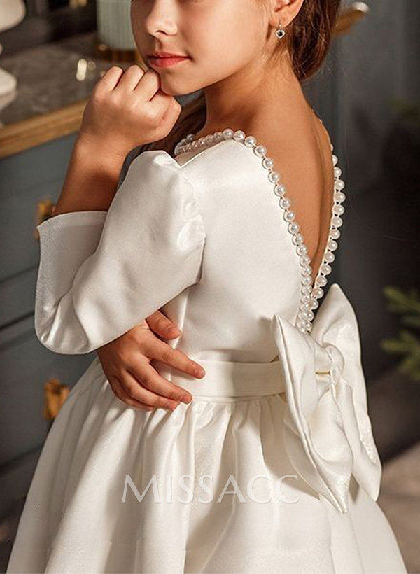 A-Line Scoop Neck 3/4 Sleeves Sweep Train Satin Flower Girl Dresses With Bow(s) A-Line Scoop Neck 3/4 Sleeves Sweep Train Satin Flower Girl Dresses With Bow(s)