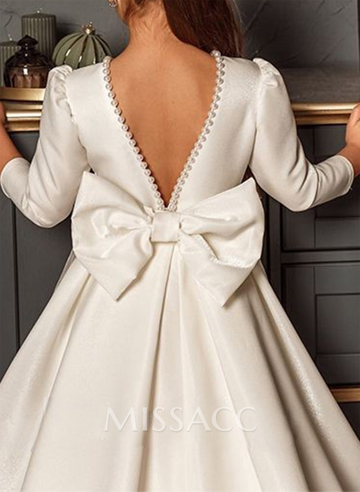 A-Line Scoop Neck 3/4 Sleeves Sweep Train Satin Flower Girl Dresses With Bow(s) A-Line Scoop Neck 3/4 Sleeves Sweep Train Satin Flower Girl Dresses With Bow(s)