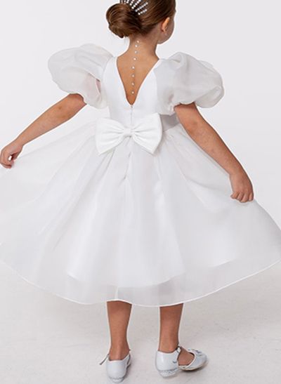 A-Line Scoop Neck Short Sleeves Tea-Length Tulle Flower Girl Dresses With Bow(s)