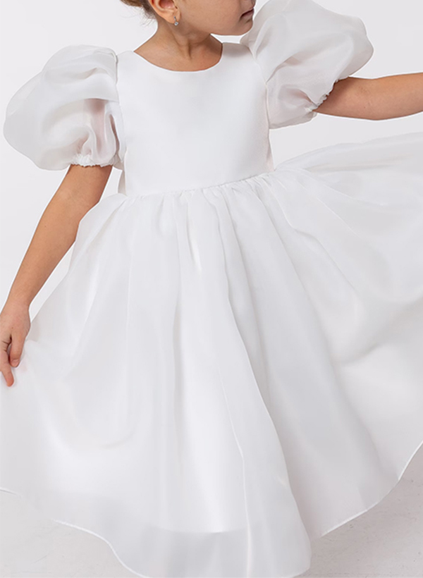 A-Line Scoop Neck Short Sleeves Tea-Length Tulle Flower Girl Dresses With Bow(s)